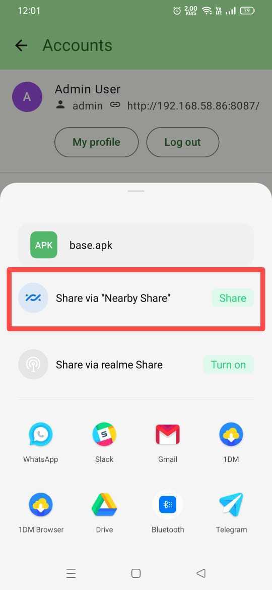 The screenshot shows the "Share App" option, displaying sharing options like Nearby Share, realme Share, WhatsApp, Slack, Gmail, Drive, and others.