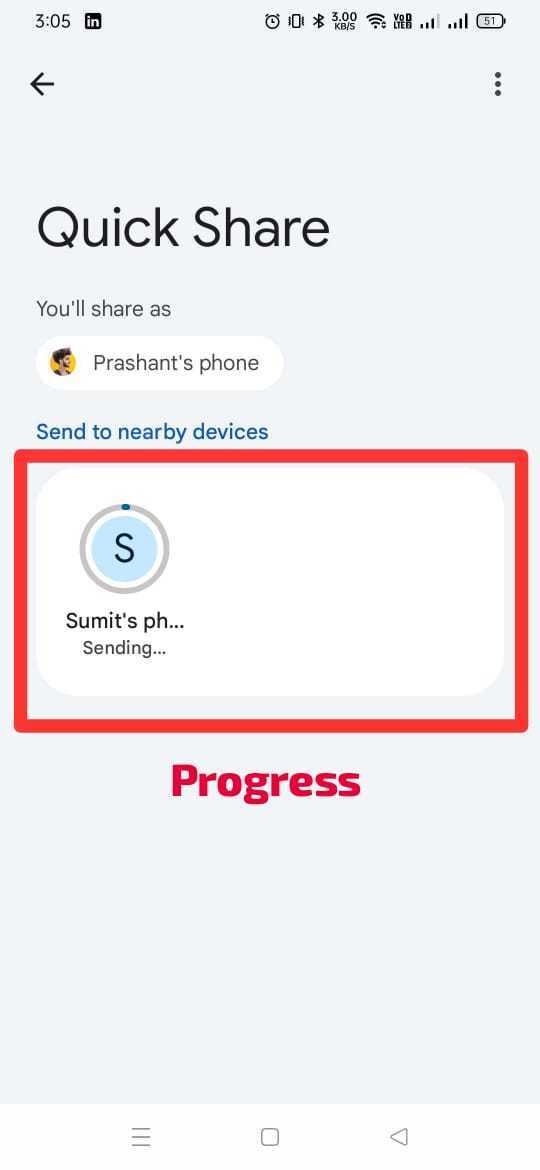 The screenshot shows the "Quick Share" screen, indicating that Prashant's phone is sharing to Sumit's phone, with the status "Sending."